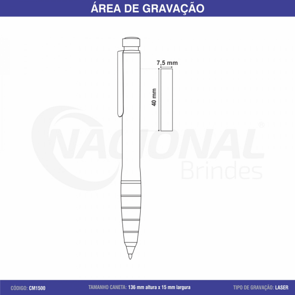 CANETA DE METAL C/ MARCA TEXTO E CLIP ARREDONDADO CM1500
